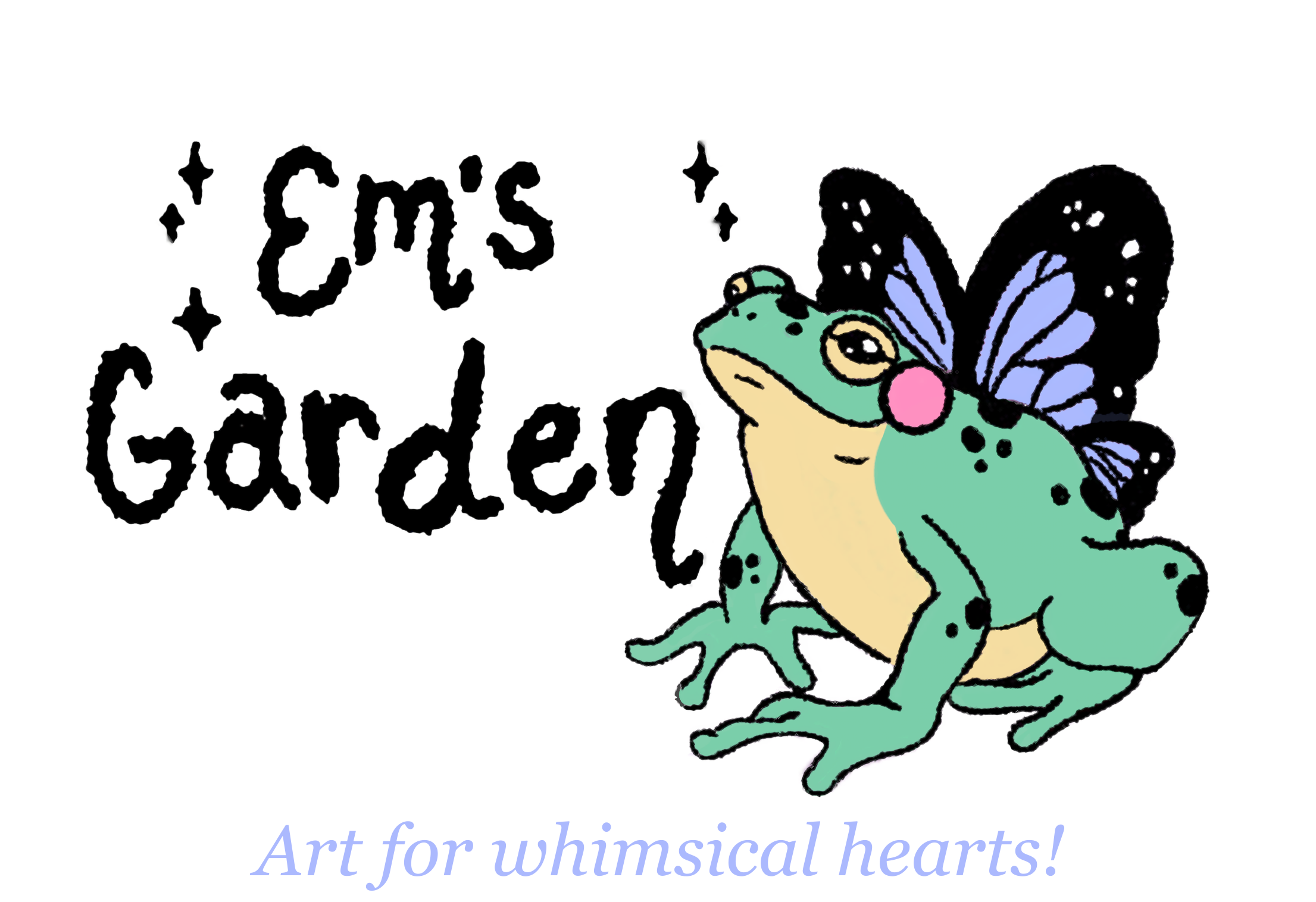 The Em's Garden logo: A green happy frog with periwinkle color butterfly wings, and 'Em's Garden' written in whimsical handwriting style.